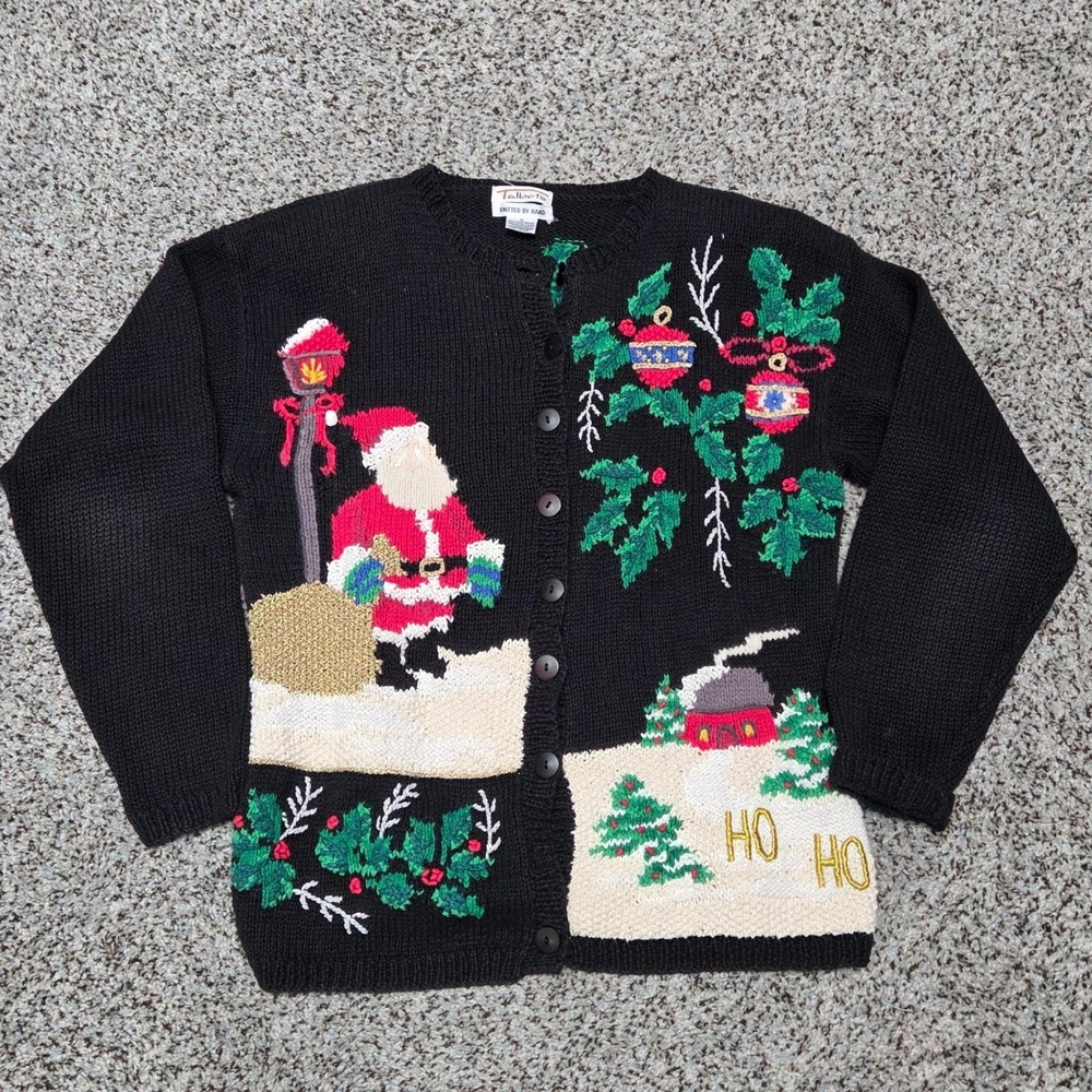 Talbots Christmas Cardigan Sweater Holiday Santa Knit Button Up Womens M